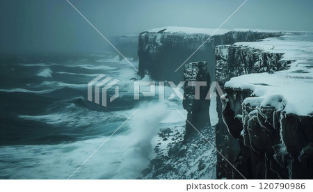 Coastal cliffs in Iceland with impressive basalt formations and waves of the Atlantic Ocean 120790986