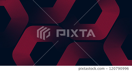 Abstract red hexagon lines on dark background. Geometric stripe line art design. Minimalist geometric pattern. Modern graphic elements. Suit for cover, banner, poster, website, backdrop Abstract red hexagon lines on dark background. Geometric stripe line art design. Minimalist geometric pattern. Modern graphic elements. Suit for cover, banner, poster, website, backdrop 120790996