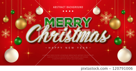 Merry Christmas greeting card. Luxury and elegant red gradient banner template design with snowflake decoration, balls hanging. Christmas text effect. Suit for poster, banner, invitation, card, Merry Christmas greeting card. Luxury and elegant red gradient banner template design with snowflake decoration, balls hanging. Christmas text effect. Suit for poster, banner, invitation, card, 120791006