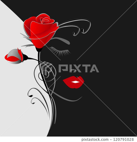 Illustration of a black and white floral background with a bouquet of roses and a portrait of a woman. 120791028