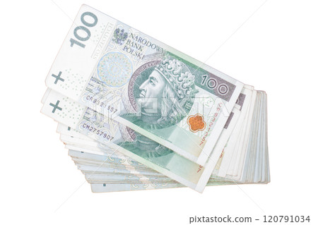 Polish 100 zloty banknotes in a stack Polish 100 zloty banknotes in a stack 120791034