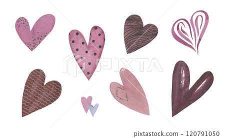 Set of watercolor hearts. Pink and burgundy colors. Hand drawn symbols for Valentine's Day for design. Retro style. Paper texture 120791050