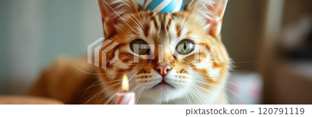 Cat celebrates birthday with party hat and cake in cozy living room setting 120791119