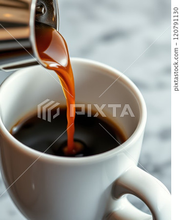 Freshly brewed coffee being poured into a white cup on a marble surface in a cozy cafe setting 120791130