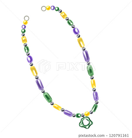 Multicolored beads with green pendant in the style and colors of popular Mardi Gras festival watercolor illustration. Festive Mood. Design element for carnival decor, invitation design Multicolored beads with green pendant in the style and colors of popular Mardi Gras festival watercolor illustration. Festive Mood. Design element for carnival decor, invitation design 120791161