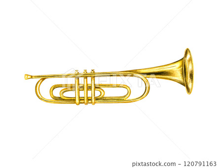 Watercolor musical classical shiny brass trumpet illustration . Hand painted jazz metallic golden instrument object for your design. Side view. Band, orchestra greeting 120791163