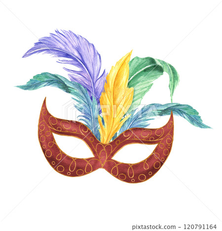 Watercolor decorative carnival mask with colorful bird feathers illustration clip art. Elegant Mardi gras festival attribute for masquerade parade. Greeting cards, poster. invitation 120791164