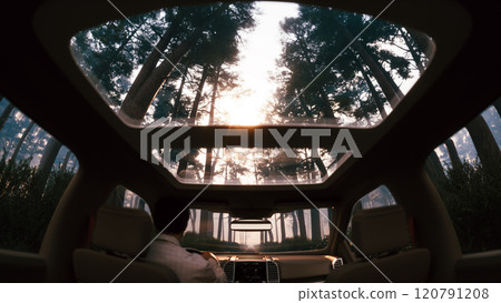 Traveling through the forest in a car with a panoramic roof. View from the car to the pine forest. Driving along the morning forest. Travel by jeep Traveling through the forest in a car with a panoramic roof. View from the car to the pine forest. Driving along the morning forest. Travel by jeep 120791208