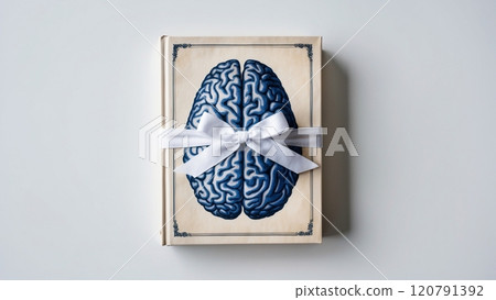 a book with a picture of a human brain is wrapped in a gift bow. white background 120791392