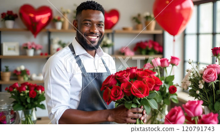 Happy African American florist holding bouquet of red roses in flower shop decorated for Valentine's Day 120791743