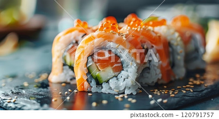 Appetizing rolls with soft cheese and salmon close-up, Asian food 120791757
