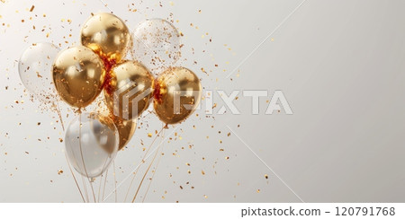 Golden balloons with confetti on a festive background, space for text 120791768