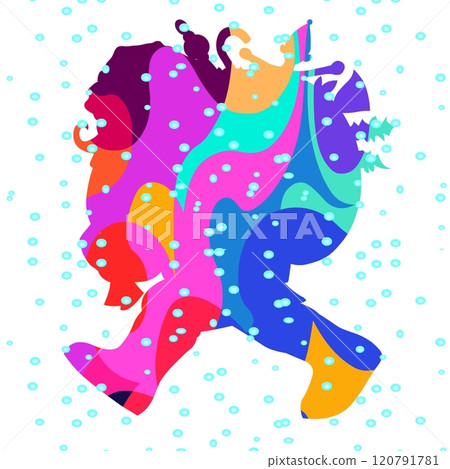 A vibrant, multicolored abstract shape resembles a running creature surrounded by light blue dots 120791781