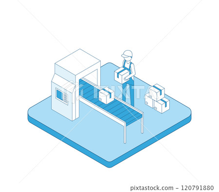 Factory workers on packaging line. Manufacture conveyor operator outline isometry. Factory workers on packaging line. Manufacture conveyor operator outline isometry. 120791880