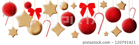 Glittering red and golden balls, baubles isolated on white background. Header with hanging Christmas decoration. Perfect for holiday projects, festive designs, seasonal marketing. Top of page. 3D. Glittering red and golden balls, baubles isolated on white background. Header with hanging Christmas decoration. Perfect for holiday projects, festive designs, seasonal marketing. Top of page. 3D. 120791921