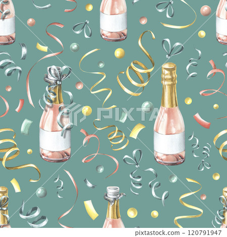 Bottles of pink champagne with confetti and ribbons. Watercolor illustration, hand drawn. Seamless pattern on a turquoise background. For congratulations, wrapping paper, holidays 120791947