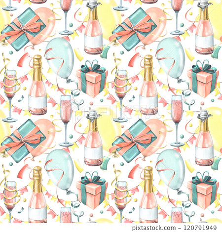 Festive balloons, gifts, champagne in glasses and bottles, confetti and flag garlands. Watercolor illustration hand drawn. Seamless pattern for design of congratulations on white background Festive balloons, gifts, champagne in glasses and bottles, confetti and flag garlands. Watercolor illustration hand drawn. Seamless pattern for design of congratulations on white background 120791949