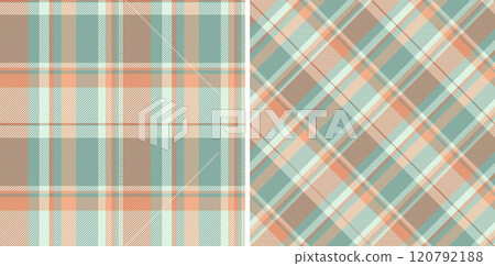 Seamless pattern textile of tartan fabric texture with a vector plaid background check. Set in earth colors for windowpane print blouse, sheath dress, skinny pants. 120792188