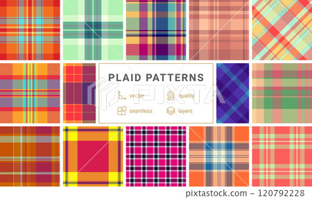 Fashionable plaid fabric designs with stripes and check patterns, perfect for repeating textile prints or trendy shirt materials. Fashionable plaid fabric designs with stripes and check patterns, perfect for repeating textile prints or trendy shirt materials. 120792228