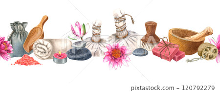 Spa herbal compress balls with water lilies, pebbles, mortar and pestle watercolor isolated seamless border. Soap, towel, loofah, pouch and sea salt horizontal banner template for health resorts. 120792279
