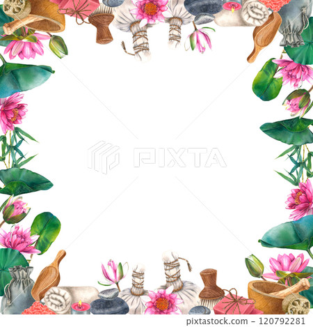 Spa herbal compress balls with water lilies, leaves, pebbles, mortar and pestle watercolor isolated square frame. Soap, towel, loofah, tea candle, pouch and sea salt. Template for wellness resorts. Spa herbal compress balls with water lilies, leaves, pebbles, mortar and pestle watercolor isolated square frame. Soap, towel, loofah, tea candle, pouch and sea salt. Template for wellness resorts. 120792281