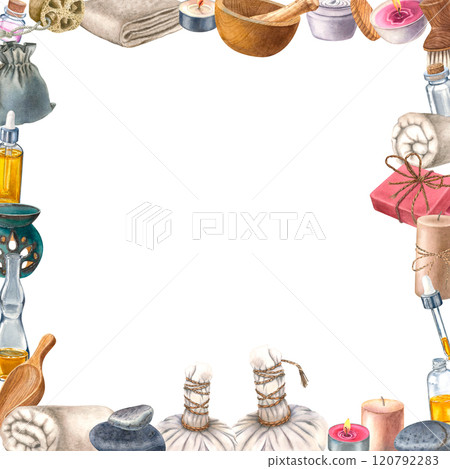 Herbal compress balls, soap, brush, loofah, bottle of body care lotion. Watercolor square frame with aroma lamp, towels and flasks, suitable for decorating spas and beauty shops or wellness resorts. 120792283
