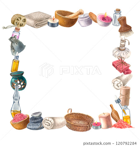 Wicker basket, soap, brush, loofah, bottle of body care lotion. Watercolor frame with aroma lamp, candles, pebbles, towels and flasks, suitable for decorating spas and beauty shops or wellness resorts 120792284