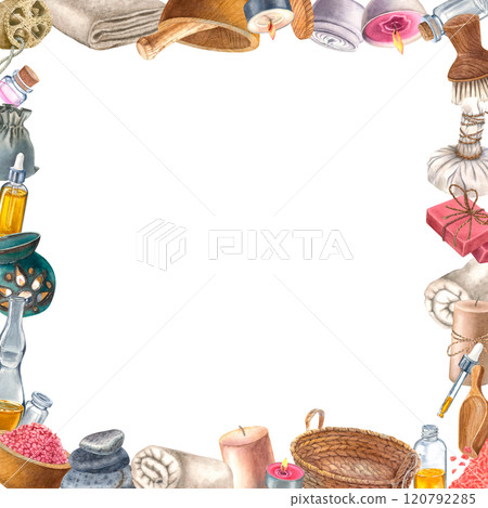Wicker basket, soap, brush, loofah, bottle of body care lotion. Watercolor frame with aroma lamp, candles, pebbles, towels and flasks, suitable for decorating spas and beauty shops or wellness resorts 120792285