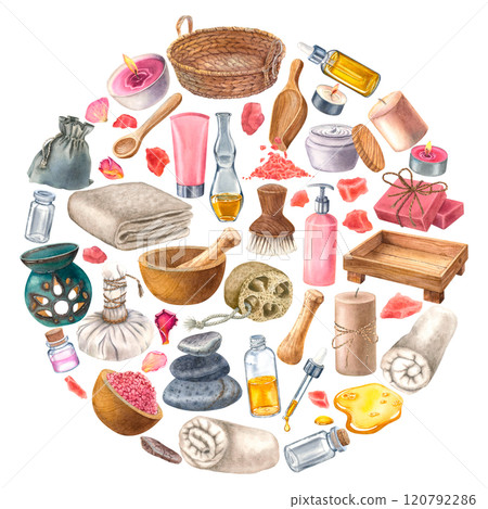 Abstract round emblem with basket, soap, droplet bottle, wooden soft-bristled brush, loofah, bottle of body lotion. Hand-drawn watercolor isolated illustration. Can be used in the beauty industries. Abstract round emblem with basket, soap, droplet bottle, wooden soft-bristled brush, loofah, bottle of body lotion. Hand-drawn watercolor isolated illustration. Can be used in the beauty industries. 120792286