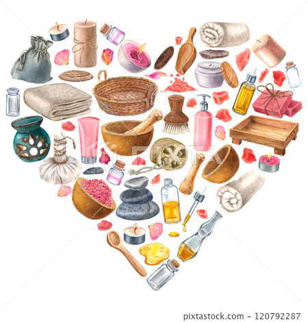 Abstract heart emblem with basket, soap, droplet bottle, wooden soft-bristled brush, loofah, bottle of body lotion. Hand-drawn watercolor isolated illustration. Can be used in the beauty industries. 120792287
