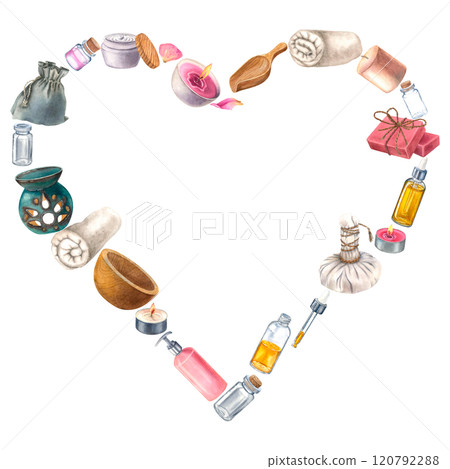 Heart shape frame with thai herbal compress balls, soap, bottle of oil. Hand drawn watercolor illustration of body care cosmetic on isolated background. Drawing of toiletries with empty space for text 120792288