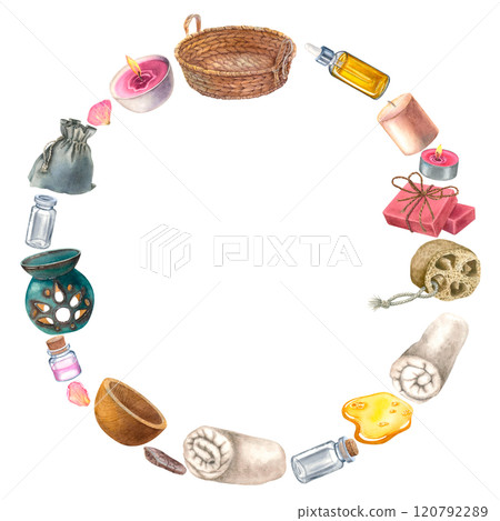 Spa wreath with body care cosmetic, drops of oil, towels and flacons on isolated background. Hand drawn watercolor illustration. Circle frame with basket and essential oil for beauty salon brochure. 120792289
