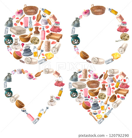 Set of spa wreaths and frames with basket, soap, droplet bottle, wooden soft-bristled brush, loofah . Hand drawn watercolor illustration of body care products isolated on background. For cosmetology. 120792290