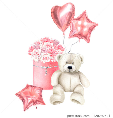 White teddy bear sitting near rose flower gift box with heart and star shaped balloons. Hand drawn watercolor illustration of cute animal and present for Valentine's Day greeting cards or invitations. 120792301
