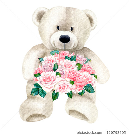 Soft bear toy with a bouquet of pink roses. Hand drawn watercolor illustration of cute animal and flowers for Valentine's Day greeting cards or invitations. Drawing for woman birthday, mothers day. 120792305