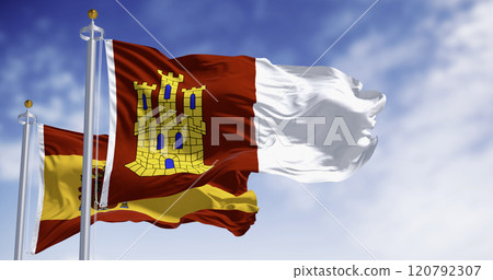 Flags of Castilla-La Mancha and Spain waving on a clear day 120792307