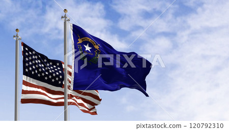 Close-up of Nevada state flag waving in the wind on a clear day Close-up of Nevada state flag waving in the wind on a clear day 120792310