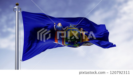 Close-up of New York State flag waving on a clear day Close-up of New York State flag waving on a clear day 120792311