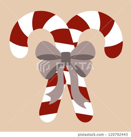 Christmas Candy canes tied with a bow. Design element for door wreath decoration. Holiday icon for greeting cards. Symbol of Merry Christmas, a sign of New Year's Eve celebrations 120792443