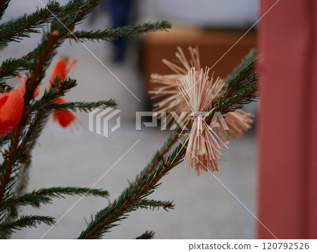 Christmas tree, decorated with straw and bows - traditional ornamentation style in Czech Republic Christmas tree, decorated with straw and bows - traditional ornamentation style in Czech Republic 120792526