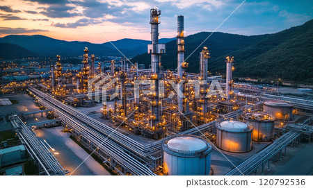 Top view of a large oil and petrochemical refinery with group of a crude oil storage tanks. Close-up of industrial pipelines of an oil-refinery plant. 120792536