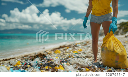 A woman volunteer collects garbage on a muddy beach. Garbage along the seashore against the blue sea, sky and white clouds. The concept of earth day. 120792547