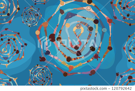 Backdrop seamless pattern with group of diverse people in a circle from different cultures holding hands. Racial equality. Community men and women of friends or volunteers. Top view. Team Backdrop seamless pattern with group of diverse people in a circle from different cultures holding hands. Racial equality. Community men and women of friends or volunteers. Top view. Team 120792642