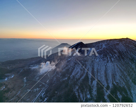 Aerial view of smoke-emitting Mount Karakunidake Iou before dawn Aerial view of smoke-emitting Mount Karakunidake Iou before dawn 120792652