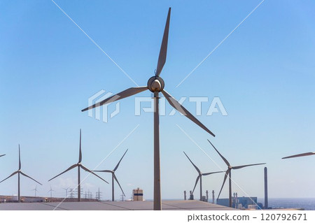 Onshore wind turbines, sustainable renewable electricity concept 120792671