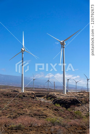 Onshore wind turbines, sustainable renewable electricity concept 120792673