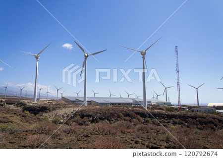 Onshore wind turbines, sustainable renewable electricity concept 120792674