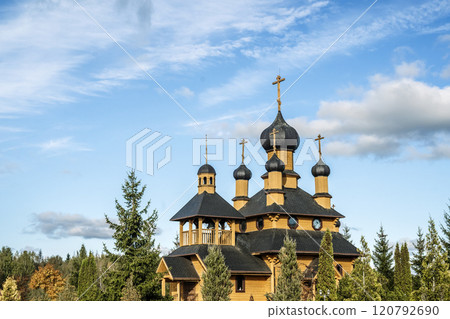 Landscape with Orthodox Christian church in traditional style. Wooden Orthodox church 120792690