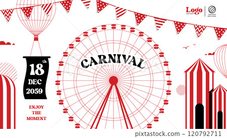 Carnival event poster illustration graphic element cover with Ferris wheel, flag, balloon, marquee. illustration vector on white background. 120792711