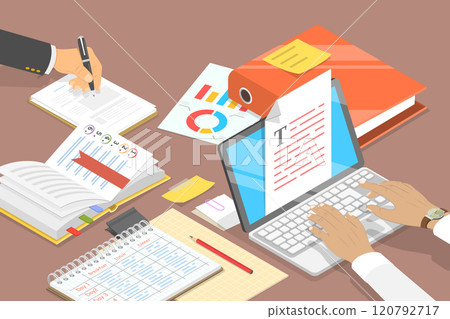 3D Isometric Flat Vector Illustration of Business Person Workplace, Work With A Laptop Computer 3D Isometric Flat Vector Illustration of Business Person Workplace, Work With A Laptop Computer 120792717